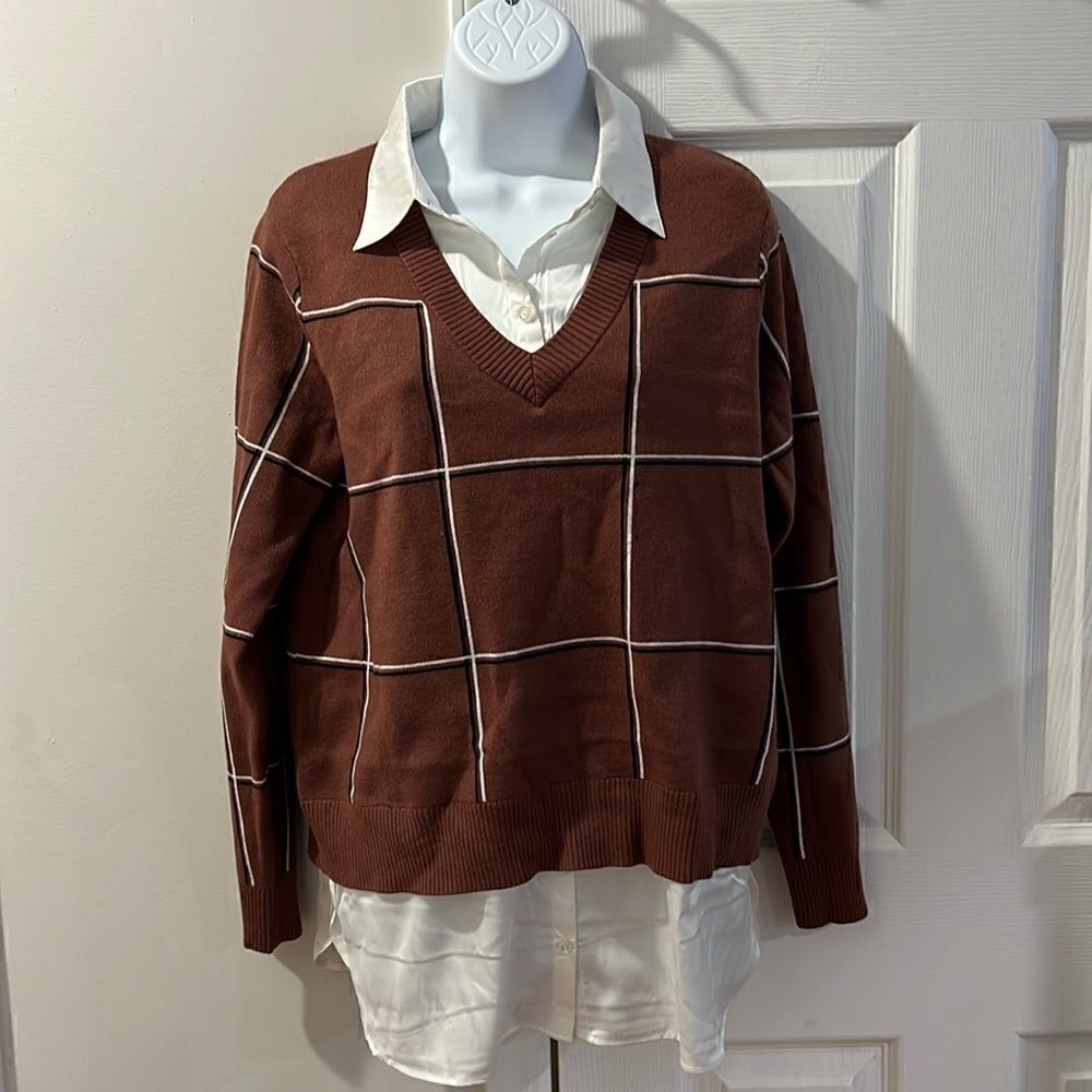 NWT Jones & Co Sweater Womens Brown Grid Layered Collared Shirt Large